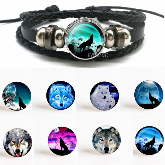 Leather Bracelet with Wolf and Full Moon Design