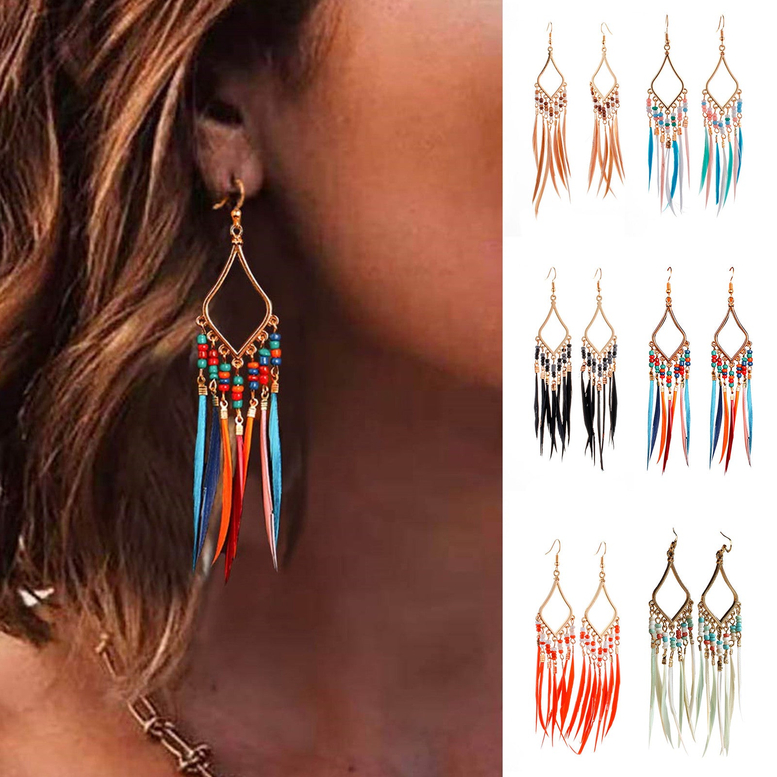 Pendientes de plumas y borlas