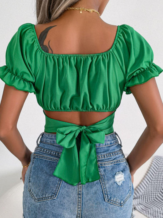 Square Neck Crisscross Flounce Sleeve Cropped Top - 100% Polyester