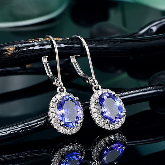 Pendientes de mujer con piedra ovalada de cristal: color azul y blanco