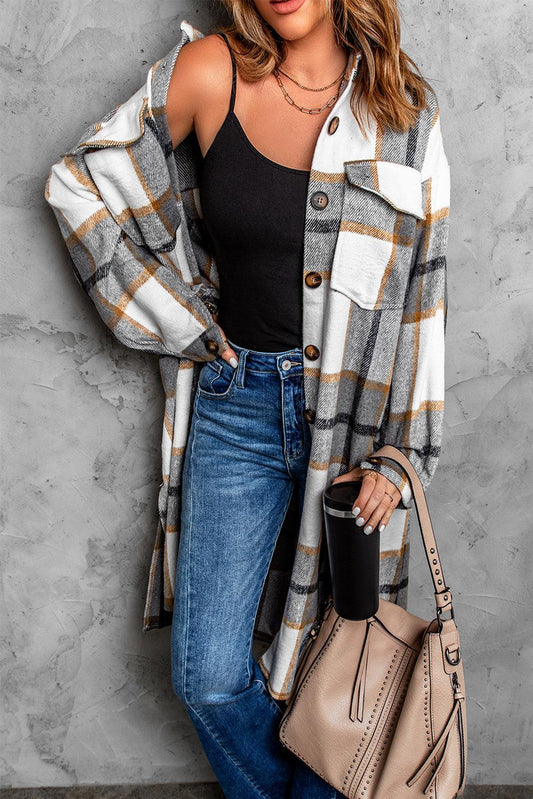 Long sleeves Dropped Shoulder Plaid  Duster Coat | Regular Size