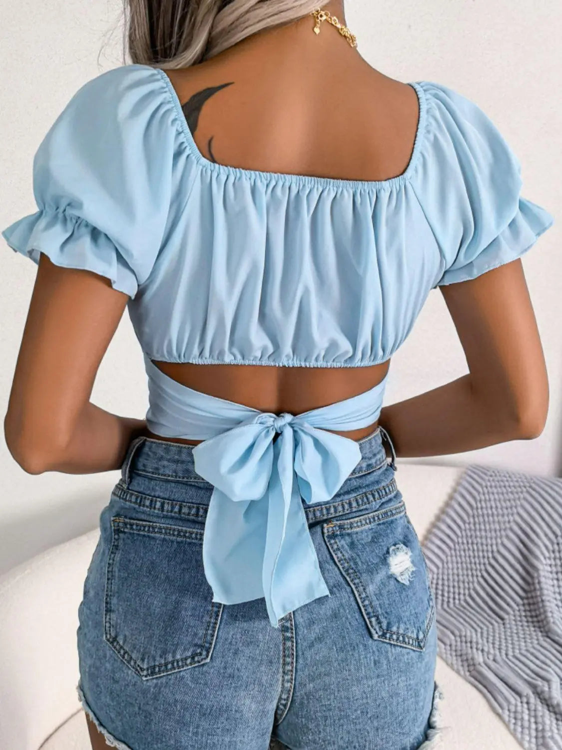 Square Neck Crisscross Flounce Cropped Top - 100% Polyester_Vivareflex_Online